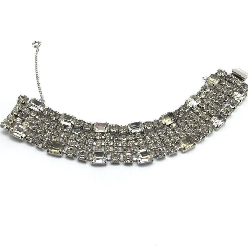 Weiss Signed Vintage Rhinestone Wide Five Row Statement Bracelet W/ Safety Chain - Picture 2 of 9